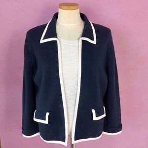 TALBOTS KNIT CARDIGAN BLUE & WHITE POCKETS SZ L